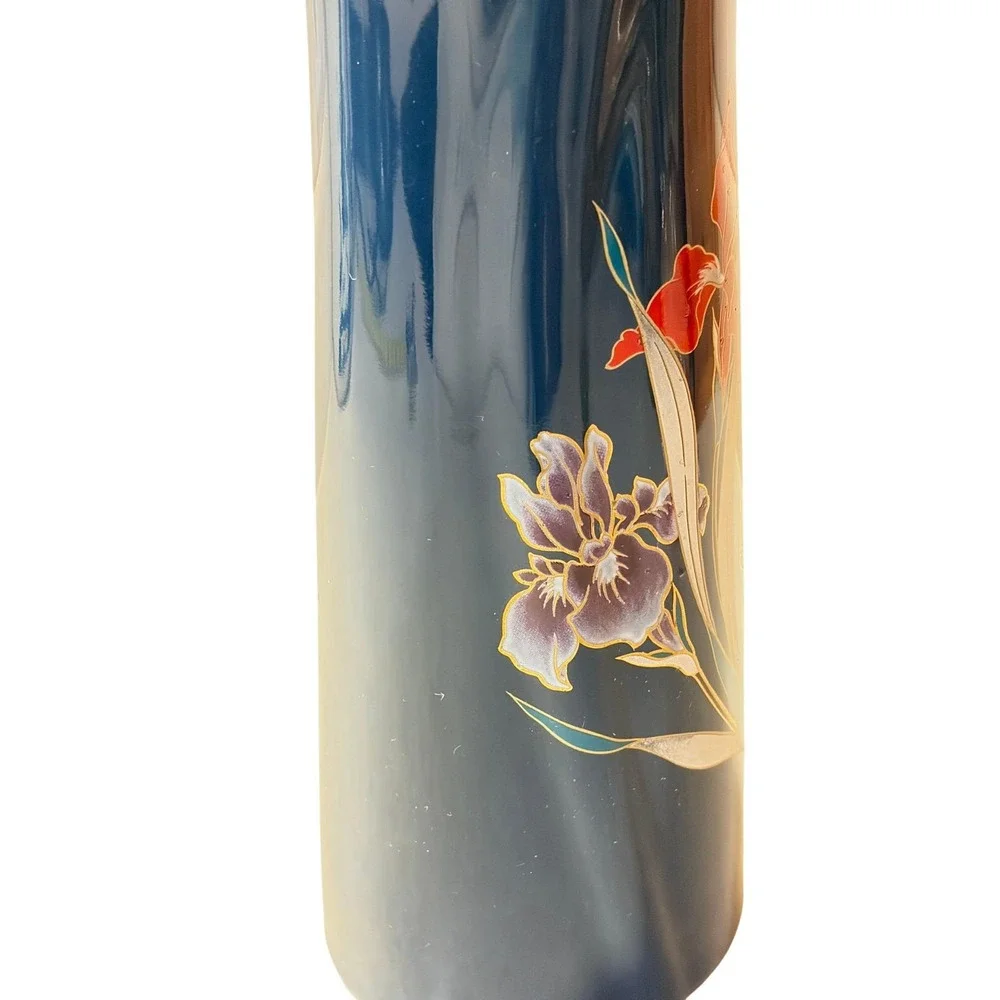 Vintage Japanese Cobalt Blue‎ Floral Iris Porcelain Vase Gold Gilt Mid Century